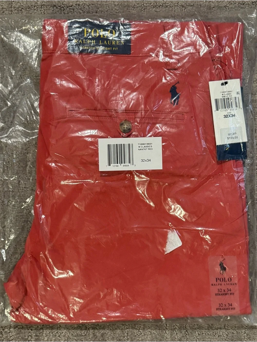 Polo Ralph Lauren Red Mens Straight Fit Washed Stretch Chino Pants 32 x 34